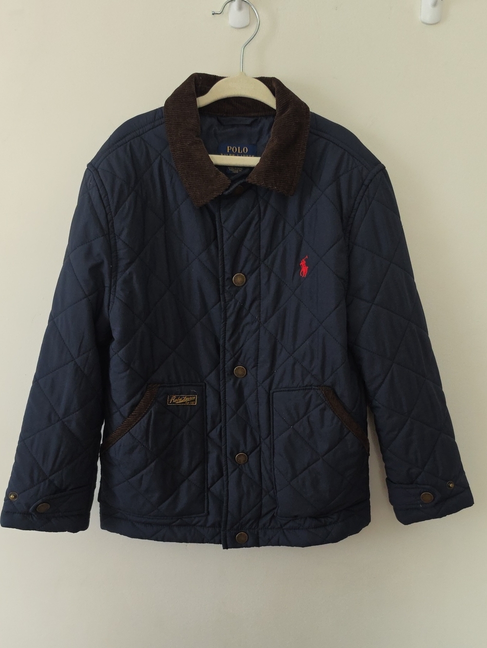 Polo by Ralph Lauren Navy Quilted Jacket with Brown Corduroy Collar Boys Sz 6